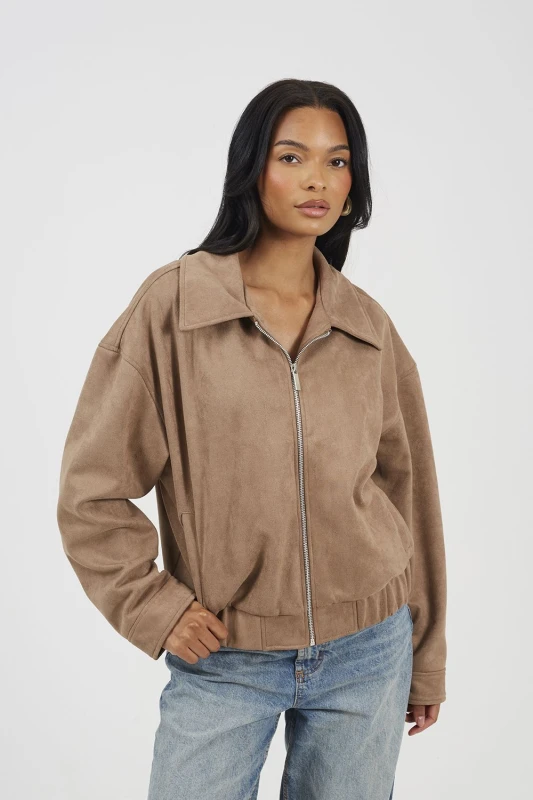Image of Brave Soul Womens Faux Suede Bomber Jacket in Taupe Size: 16 Taupe Female 16