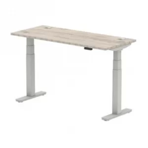 image of Air 1400/600 Grey Oak Height Adjustable Desk with Cable Ports with Silver Legs