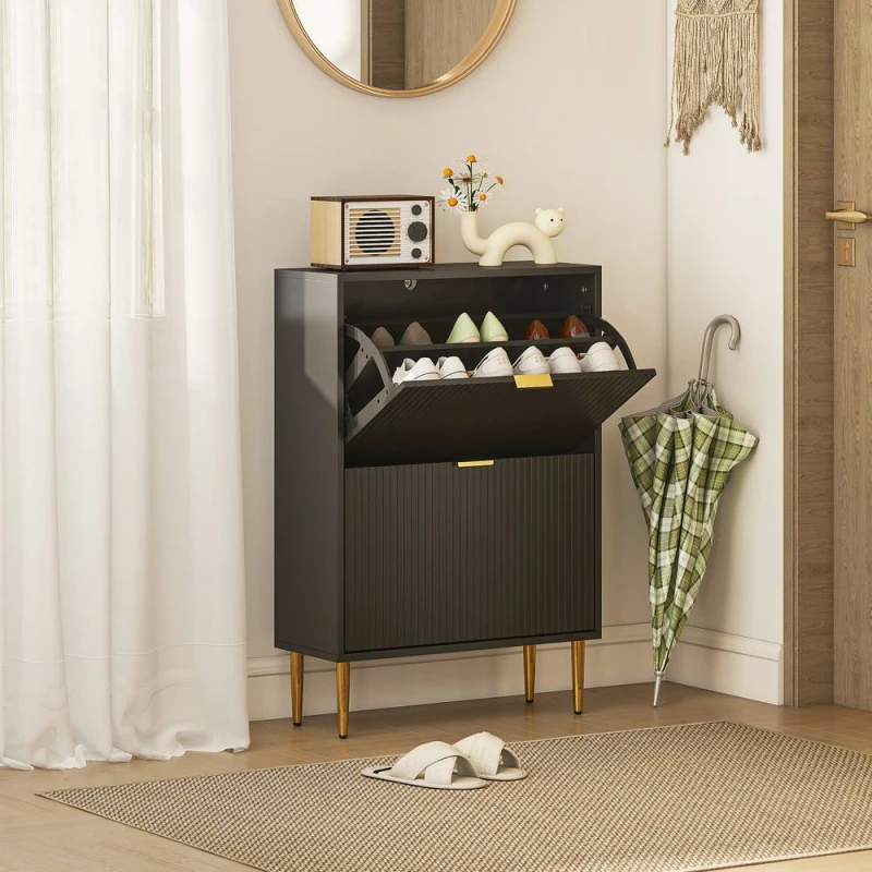 Image of HOMCOM Slim Shoe Storage Cabinet with 2 Flip Drawers for Hallway in Black Unisex