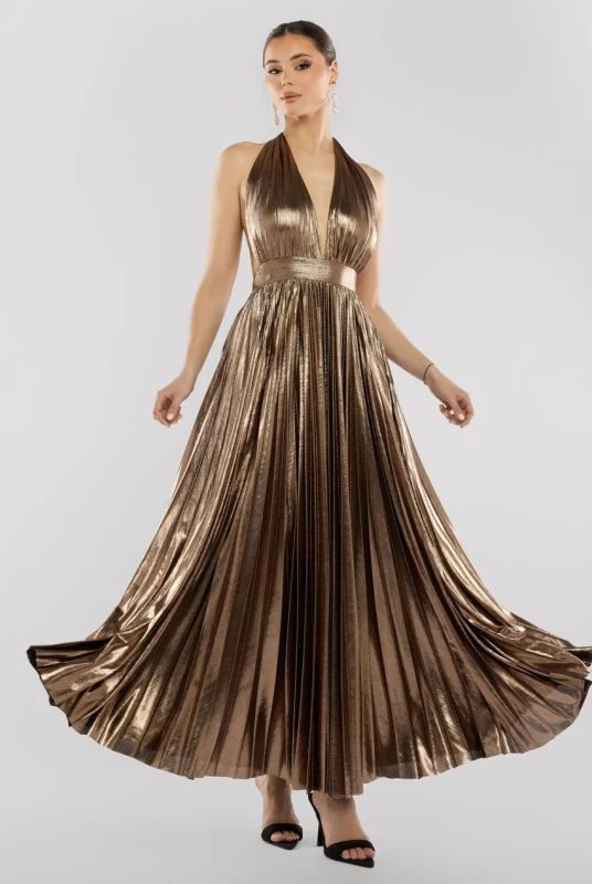 Image of Goddiva Womens Sunrise Foil Halterneck A Line Maxi Dress in Bronze Size: 18 Bronze Female 18