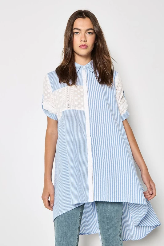 Image of Apricot Womens Mix Stripe Embroidered Shirt in Blue Size: 10 Blue Female 10