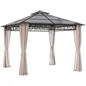 image of Outsunny 3 x 3 (m) Outdoor Polycarbonate Gazebo, Double Roof Hard Top Gazebo with Galvanized Steel Frame, Nettings & Curtains