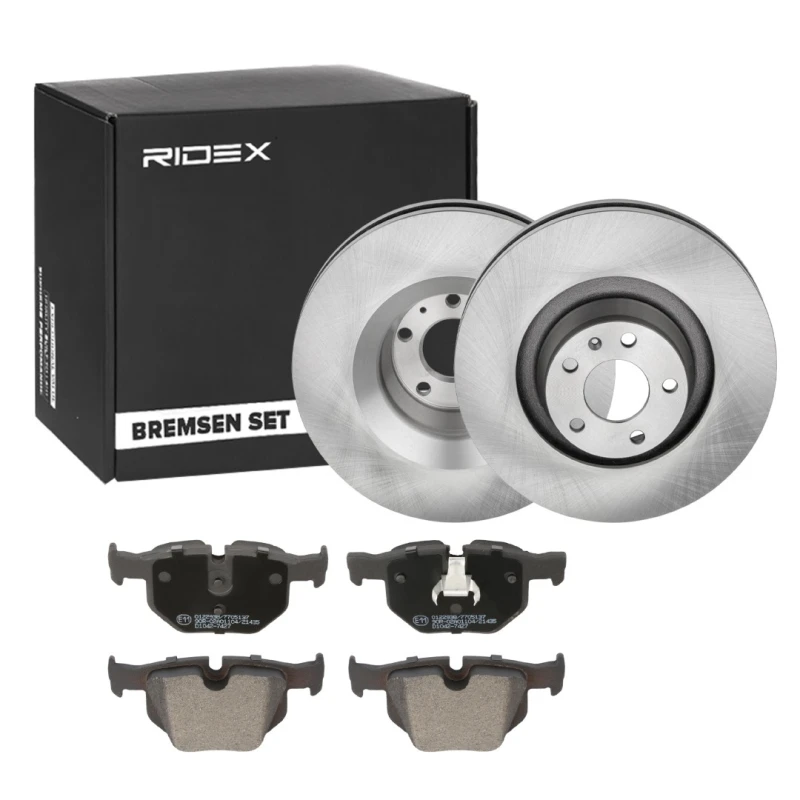 Image of RIDEX 3405B1631 Brake disc and pads set Rear Axle, Brake Disc Type: internally vented, not prepared for wear warning indicator, with piston clip Brak