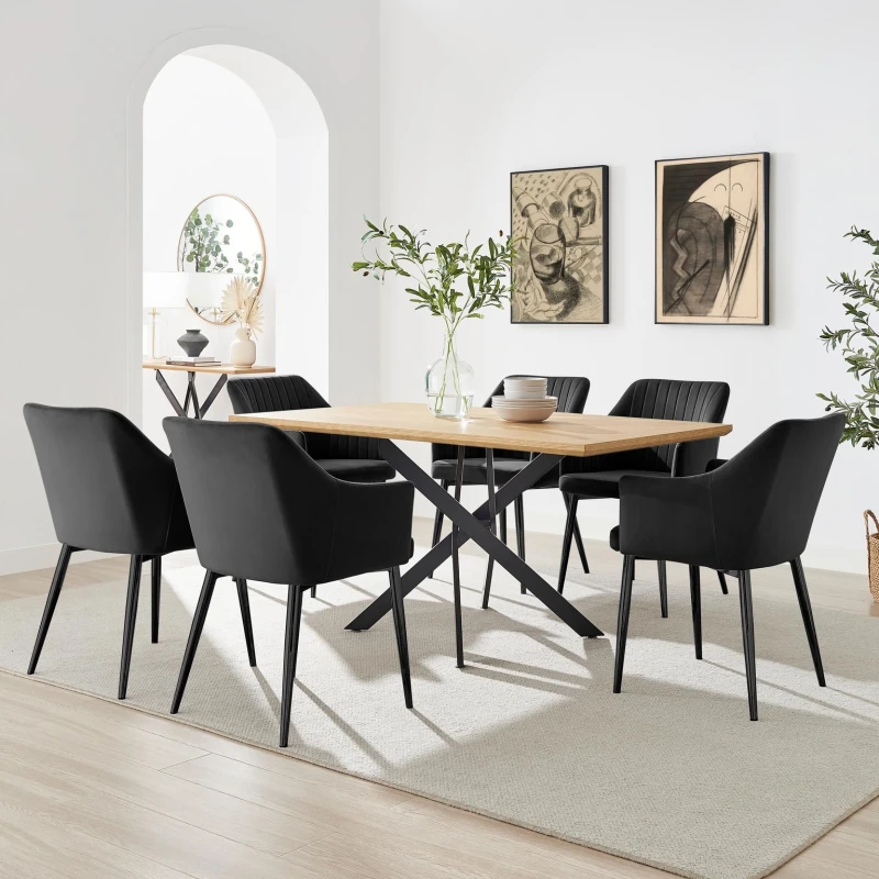 Image of FurnitureboxUK FurnitureboxUK Leonardo Oak Effect Dining Table & 6 Calla Black Velvet Chairs in Brown Brown One Size Unisex 5056784315415