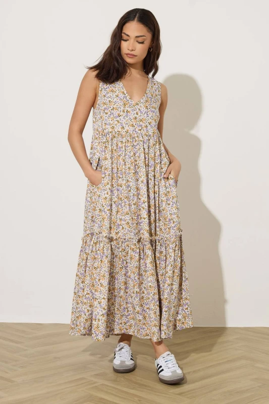 Image of PixieGirl Womens Petite Ditsy Floral Tiered Midi Dress in Ivory Size: 14 Ivory Female 14