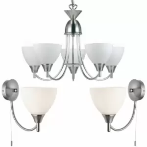 image of 5 Lamp Ceiling & 2x Wall Light Pack Satin Chrome Glass Matching Indoor Fittings