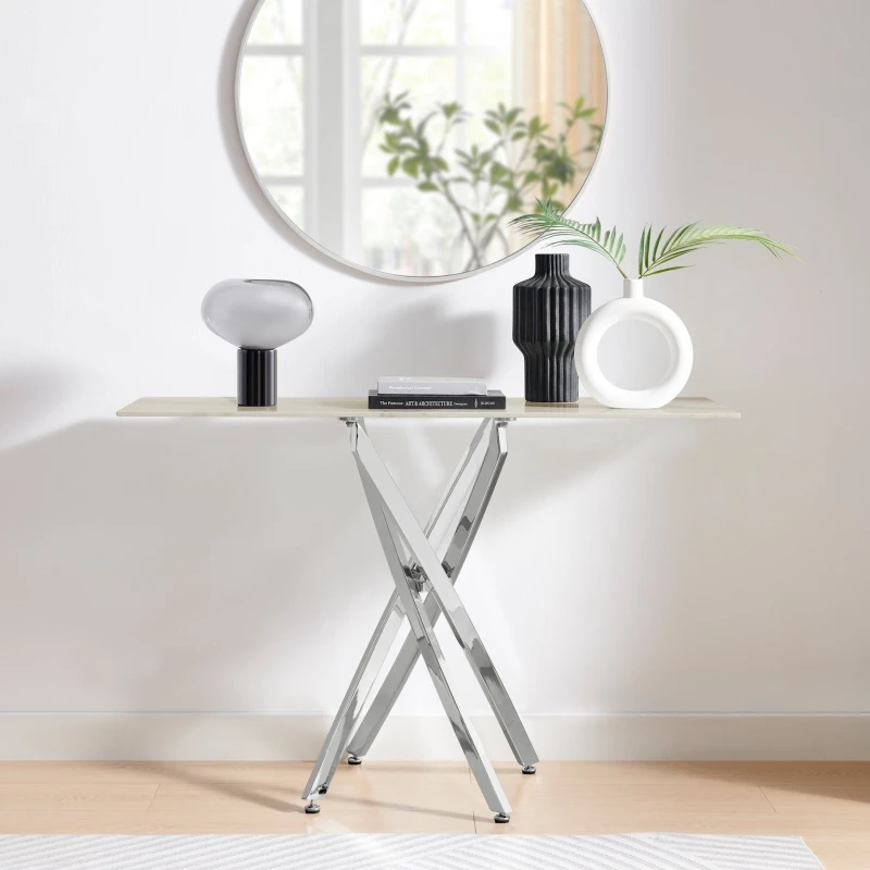 Image of FurnitureboxUK FurnitureboxUK Leonardo Rectangular Marble Effect Glass Top Console Table With Silver Metal Starburst Legs in White White One Size Unis