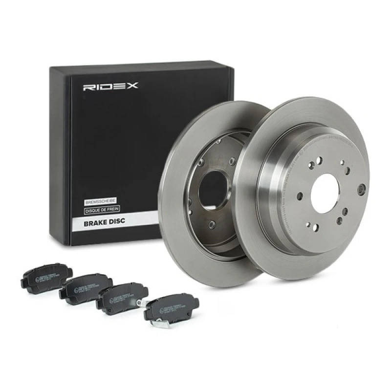 Image of RIDEX 3405B1507 Brake disc and pads set Rear Axle, Brake Disc Type: Solid, with acoustic wear warning, with brake caliper screws Brake Set,disc brake