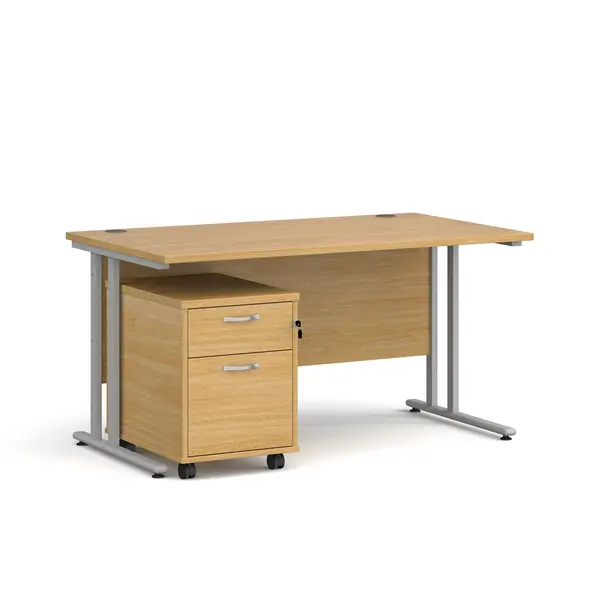 image of Maestro 25 Straight Desk with Silver Cantilever Frame and 2 Drawer Pedestal - Oak - 1400mm x 800mm