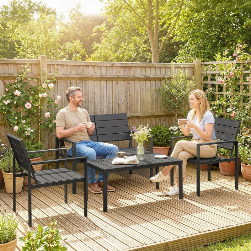 Image of OUTSUNNY 4 Piece Garden Furniture Set, HDPE Metal Outdoor Sofa in Black Unisex