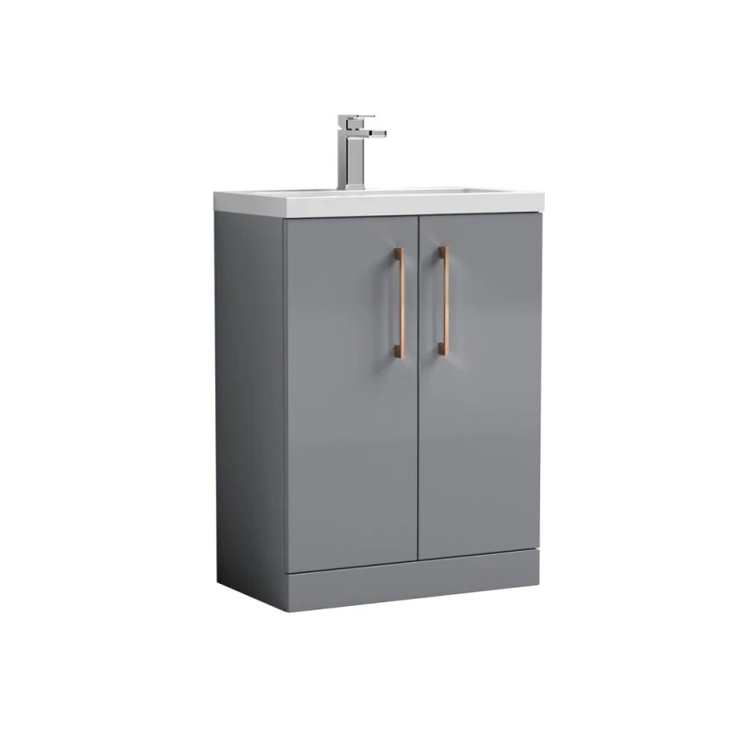 Image of Balterley Level Compact Bathroom Cloakroom Vanity Basin Unit With Ceramic Basin, Brushed Bronze Handles, 600mm, Satin Grey