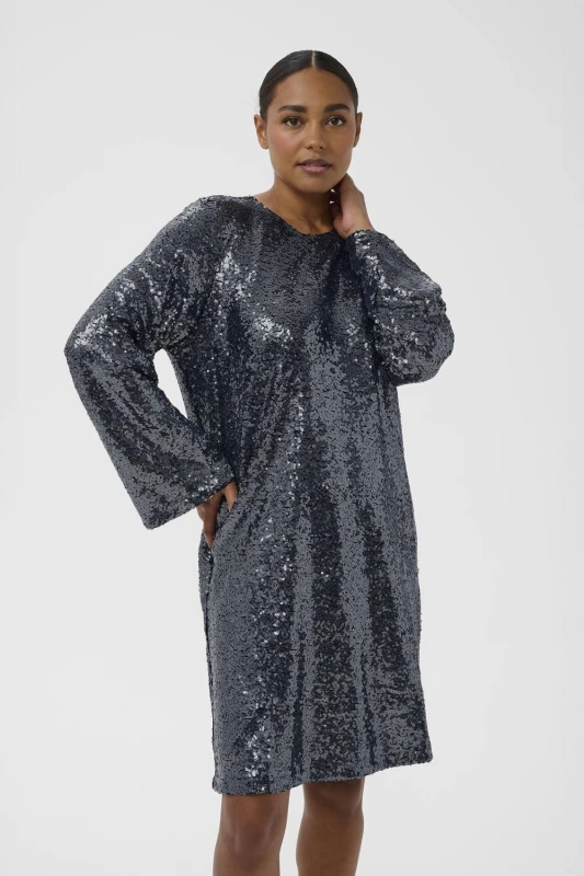 Image of Kaffe Womens KAlau Sequin Mini Dress in Metallic Silver Size: Medium Metallic Silver Female M