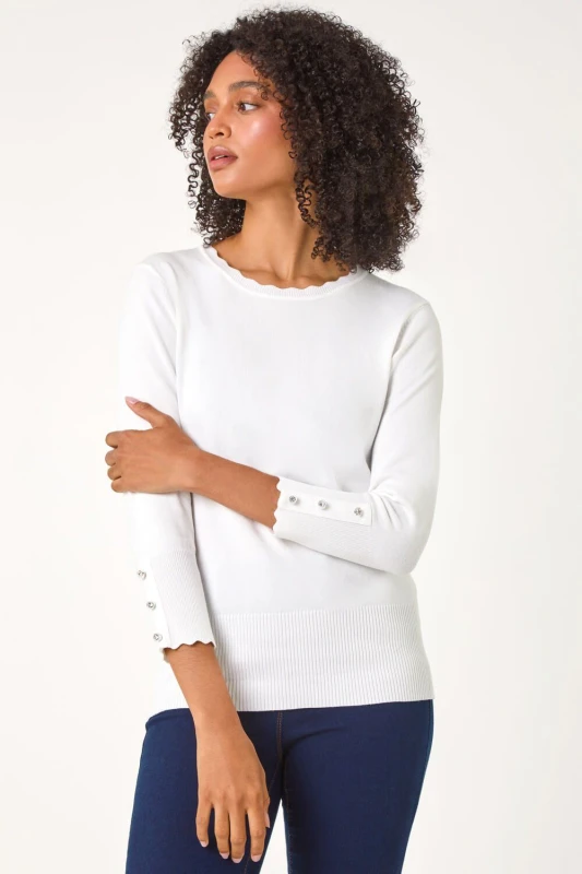 Image of Roman Diamante Button Scallop Edge Jumper Ivory