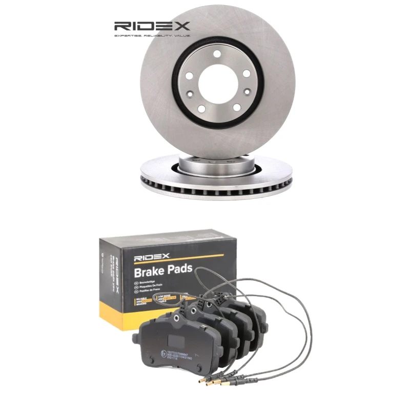 Image of RIDEX 3405B2615 Brake disc and pads set Front Axle, Brake Disc Type: Externally Vented, with integrated wear sensor Brake Set,disc brakes (3405)