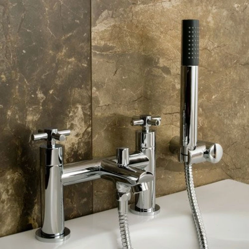 Image of Nes Home Crox Modern Chrome Deck Mounted Cross Head Bath Shower Mixer Tap With Handset Kit in Metallic Silver Metallic Silver Unisex