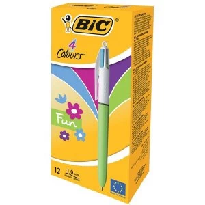 image of Bic 4 Colours Fashion Ballpoint Pen 1.0mm Tip 0.4mm Line PinkPurpleTurquoiseLime Green Pack of 12