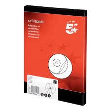 Image of 5 Star Office CD Labels Inkjet and Laser Printable 2 per Sheet 117mm Diameter White 50 Labels