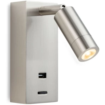 image of Firstlight - Clifton LED Wall Reading Light & USB Port Brushed Steel