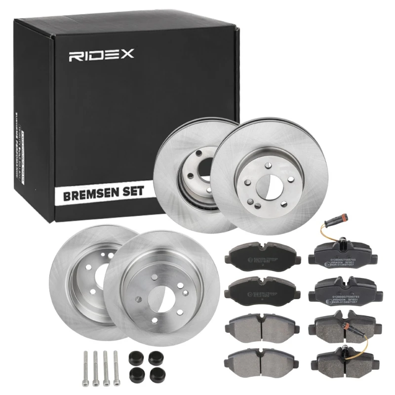Image of RIDEX 3405B1758 Brake disc and pads set Front Axle, Brake Disc Type: internally vented, prepared for wear warning indicator Brake Set,disc brakes (34