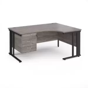 image of Maestro 25 right hand ergonomic desk 1600mm wide with 3 drawer pedestal - Black cable managed leg frame and grey oak top