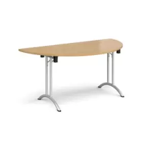 image of Semi circular folding leg table with silver legs and curved foot rails 1600mm x 800mm - oak