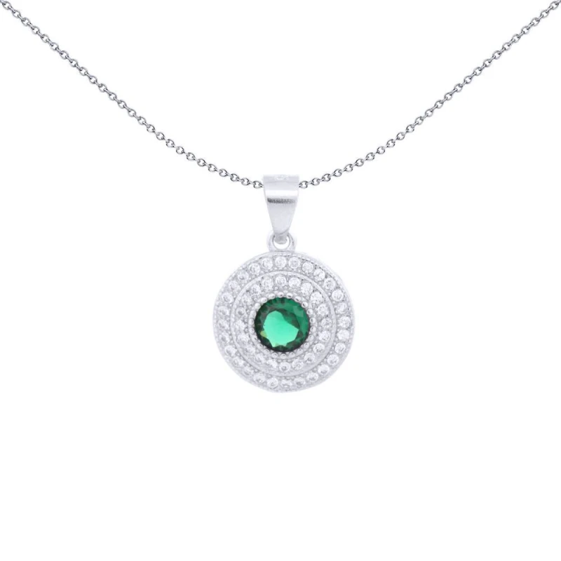 Image of Jewelco London Silver Green CZ Double Halo Solitaire Bullseye Charm Pendant - APD226G Silver
