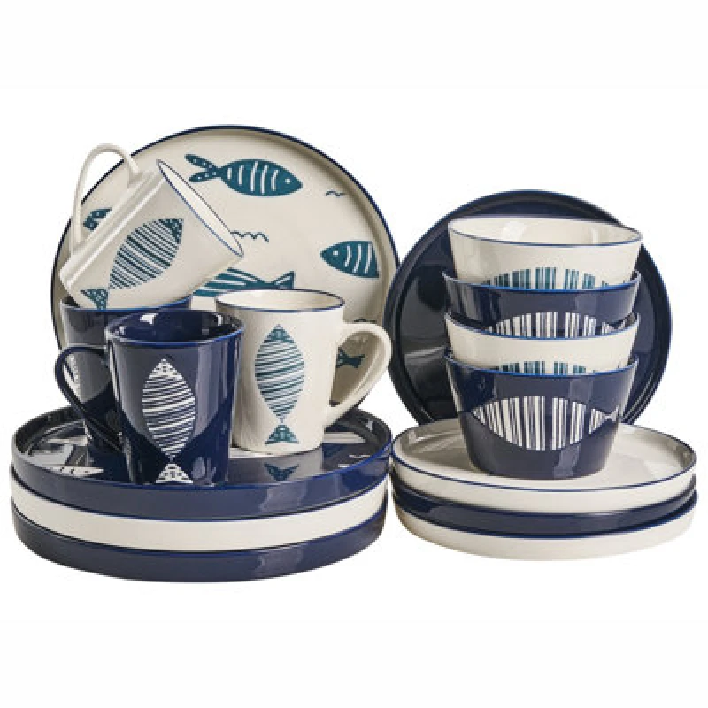Image of Beliani Set Of 16 Dinnerware Tamarind Porcelain White/ Blue