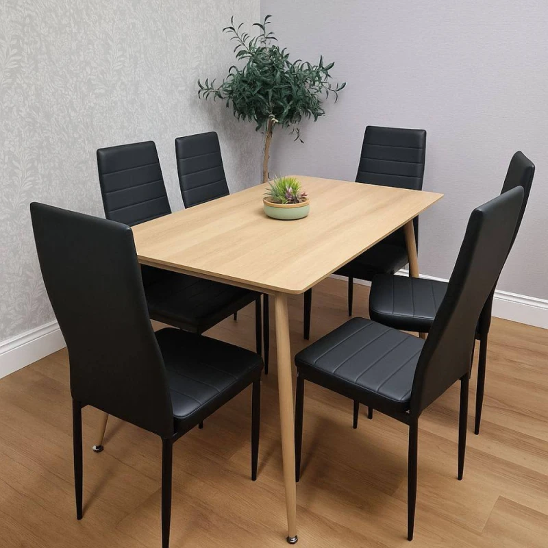 Image of KOSY KOALA Dining Table Set with 6 Black Faux Leather Chairs Size: 120cm x 70cm Black Unisex 120cm x 70 cm