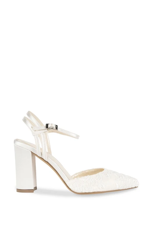 Image of Paradox London Womens Satin & Lace 'Fauna' High Block Heel Court Shoes in Ivory Size: 8 Ivory Female 8