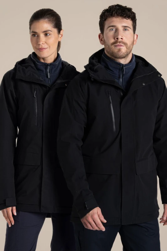 Image of Craghoppers Craghoppers Unisex 'Expert Kiwi Pro' Stretch Waterproof Long Jacket in Black Size: X-Small Black XS Unisex 5054904638307