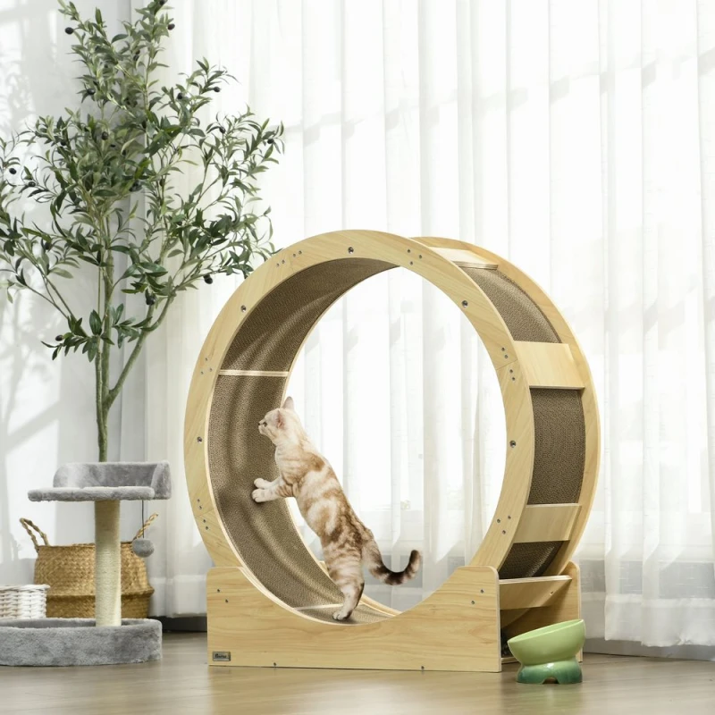 Image of PawHut Cat Wheel with Brake, Scratching Pads - Oak Tone - Pawhut 5056725536572