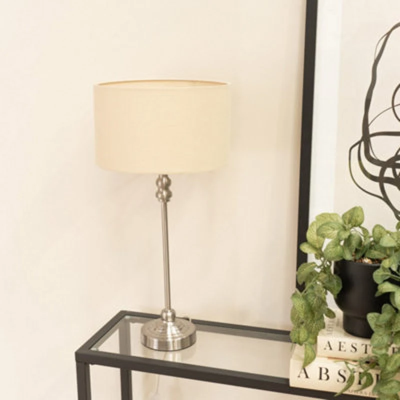 Image of ValueLights Maggie Brushed Chrome Candlestick Slim Table Lamp with Fabric Drum Lamp Shade Natural