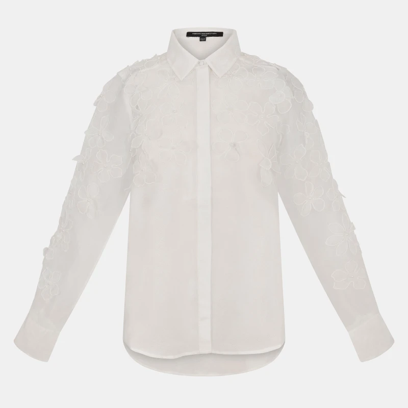 Image of French Connection Womens Camden Floral Embellished Long Sleeve Blouse Summer White female 8 (XS)