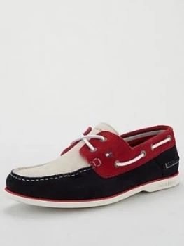 Image of Tommy Hilfiger Classic Suede Boat Shoes - Navy/Red/White, Navy/Red/White, Size 8, Men