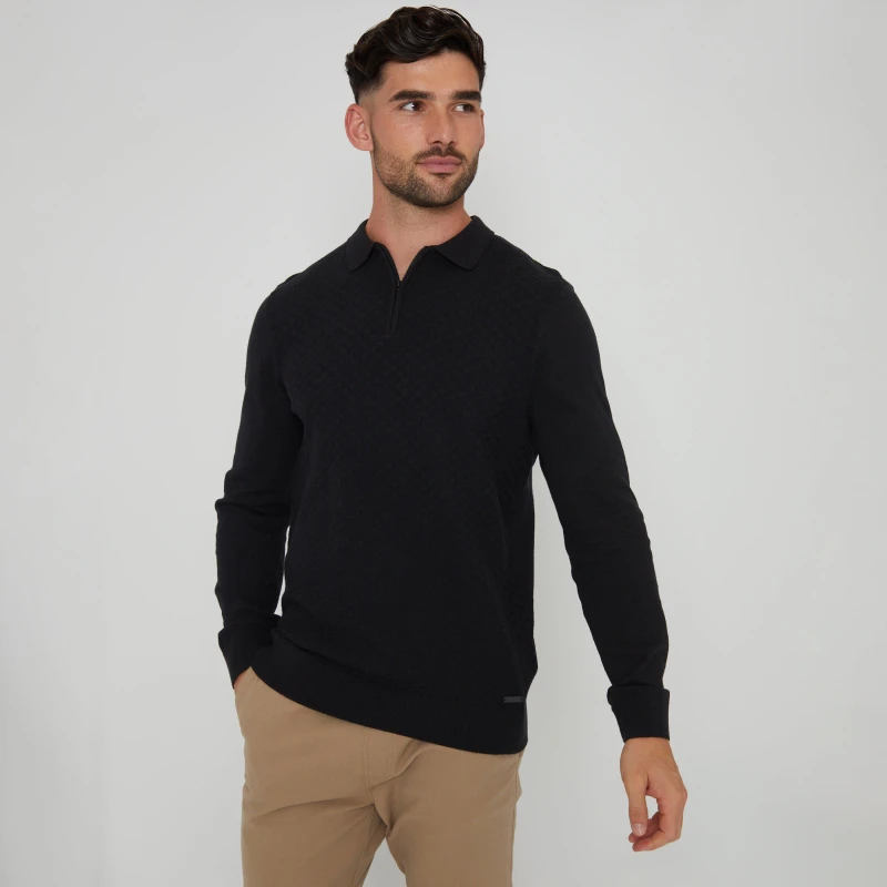 Image of Threadbare 'Whinberry' Long Sleeve Quarter Zip Knitted Polo Jumper Black