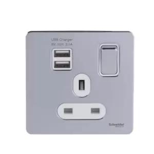Image of Schneider USFP 1G Switched Socket Single Pole 2x USB 2.1 White Insert Polished Chrome - GGBGU34102USBAWPC