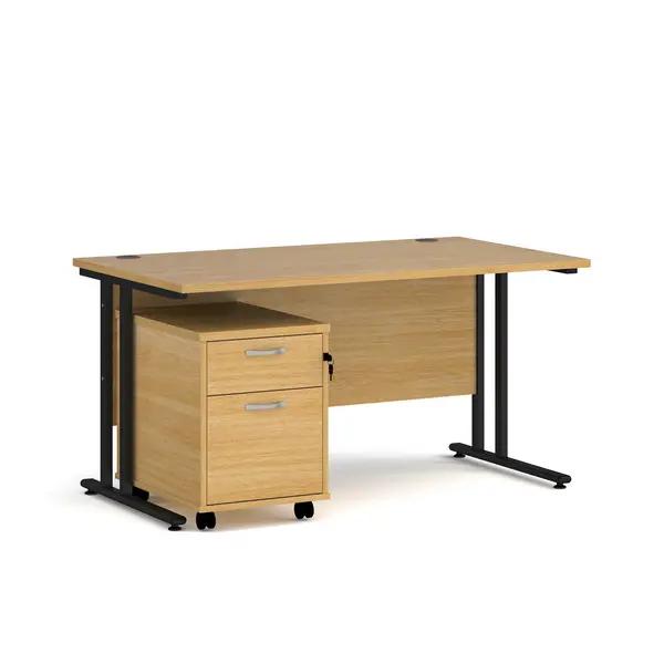 image of Maestro 25 Straight Desk with Black Cantilever Frame and 2 Drawer Pedestal - Oak - 1400mm x 800mm