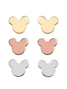 Disney Mickey Mouse Silver/Gold/Rose Plated Trio Earring Set, Multi