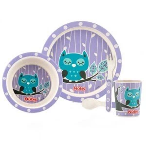 image of Nuby 5 Piece Bamboo Tableware Set 6m Owl