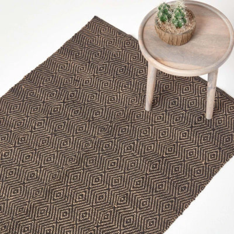 Image of Homescapes Black Geometric Jute Rug, 90 X 150 Cm