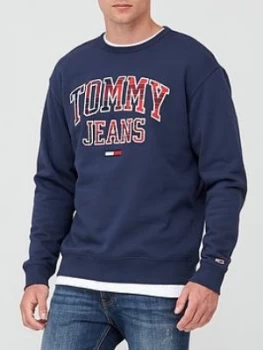 Image of Tommy Jeans TJM Plaid Tommy Graphic Crew Sweatshirt - Navy, Size XL, Men