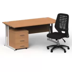 Image of Impulse 1600/800 White Cant Desk Oak + 3 Dr Mobile Ped & Relay Black Back