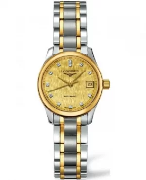 image of Longines Master Collection Automatic 25.5mm Champagne Dial Diamond Yellow Gold and Stainless Steel Womens Watch L2.128.5.38.7 L2.128.5.38.7