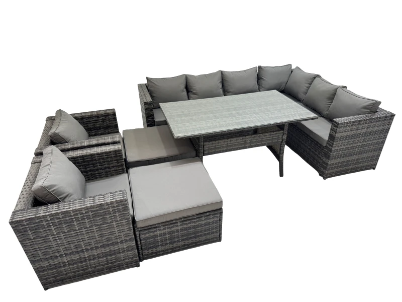 Image of Fimous 10 Seater Patio Dining Corner Sofa Sets with 2 Chairs 2 Big Stools in Dark Grey Dark Grey Unisex