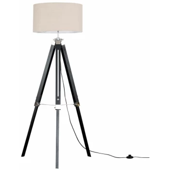 Modern Wooden Tripod Floor Lamp with a Cotton Light Shade - Beige