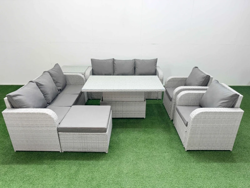 Image of Fimous PE Rattan High Back Lounge Sofa Set with 3 Seater Sofa Reclining Chair Big Footstool Side Table Light Grey