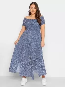 Image of Yours Shirred Bardot Dress Colbalt Ditsy, Blue, Size 16, Women
