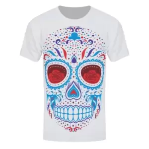 image of Grindstore Mens Sugar Skull Sublimation T-Shirt (L) (White/Blue/Red)