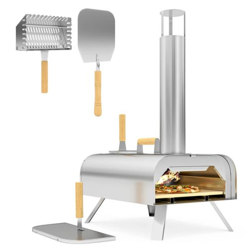 Image of Outsunny Portable Wood Pellet Pizza Oven with Foldable Legs 12" Stone, Silver 846-198V00SR