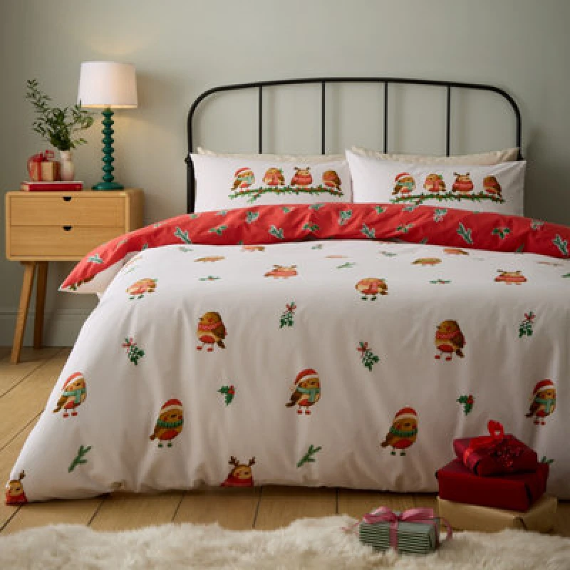 Image of Catherine Lansfield Christmas Robins Reversible Double Duvet Cover Set With Pillowcases Red